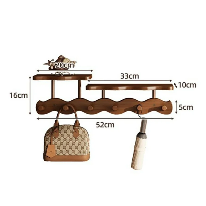 6 Hooks Wavy Wood Wall Mounted Coat Hanging Rack with Storage Shelf No Drill Bamboo Entryway Organizer - Natural Color