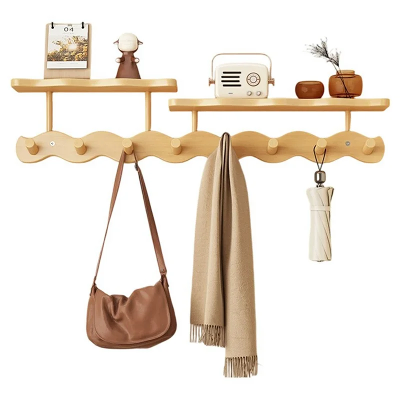 8 Hooks Wavy Wood Wall Mounted Coat Hanging Rack with Storage Shelf No Drill Bamboo Entryway Organizer - Natural Color