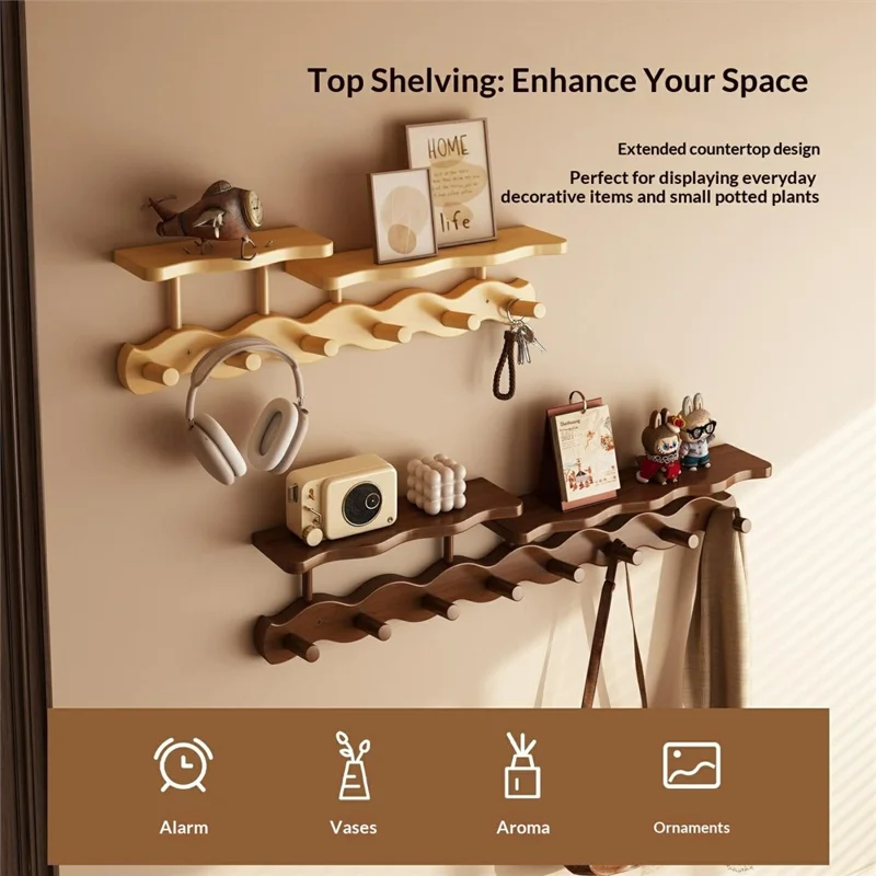 8 Hooks Wavy Wood Wall Mounted Coat Hanging Rack with Storage Shelf No Drill Bamboo Entryway Organizer - Natural Color