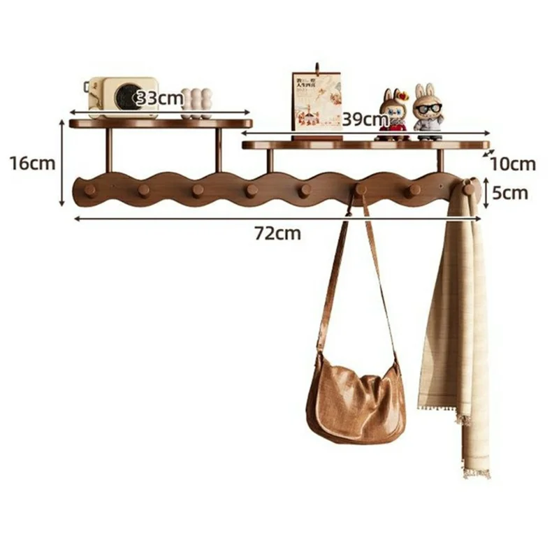 8 Hooks Wavy Wood Wall Mounted Coat Hanging Rack with Storage Shelf No Drill Bamboo Entryway Organizer - Natural Color