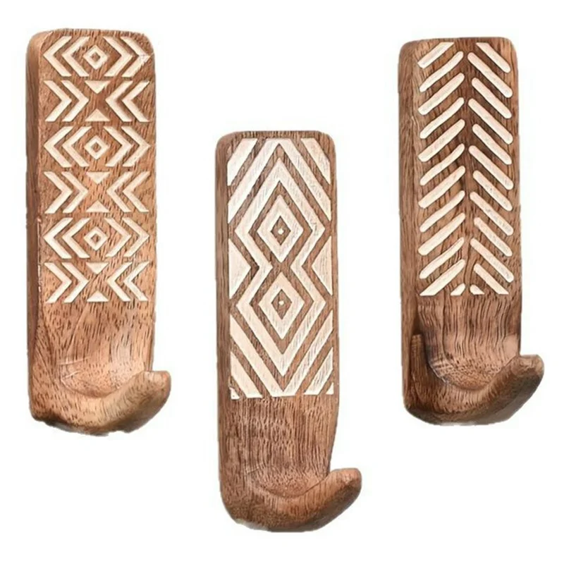 3Pcs Wooden Wall Hooks Handmade Geometric Pattern No Drill Adhesive Door Hooks for Towel Hat Coat