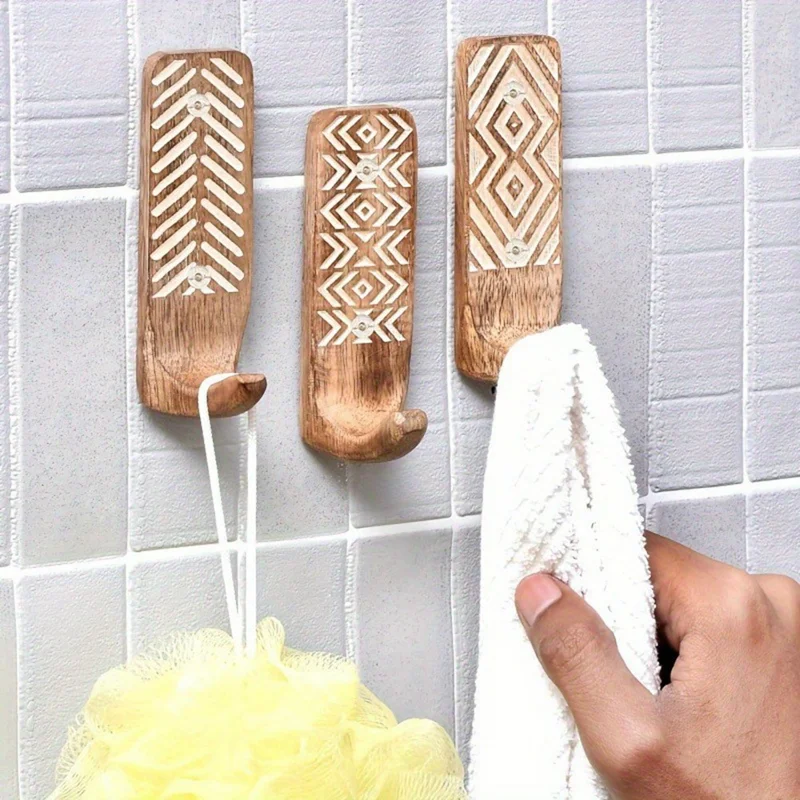 3Pcs Wooden Wall Hooks Handmade Geometric Pattern No Drill Adhesive Door Hooks for Towel Hat Coat