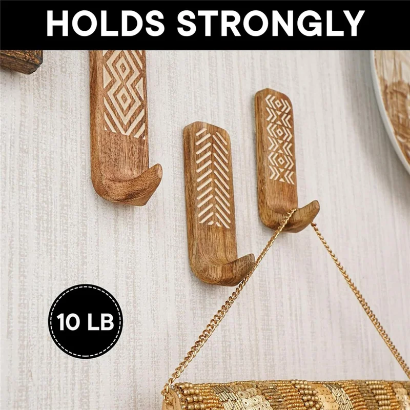 3Pcs Wooden Wall Hooks Handmade Geometric Pattern No Drill Adhesive Door Hooks for Towel Hat Coat