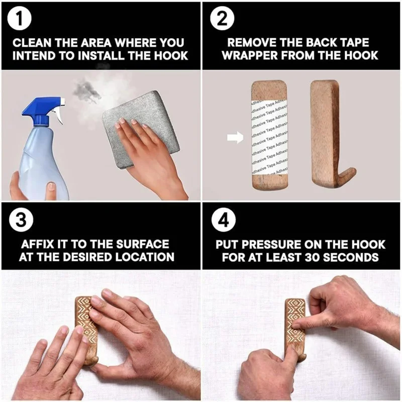 3Pcs Wooden Wall Hooks Handmade Geometric Pattern No Drill Adhesive Door Hooks for Towel Hat Coat