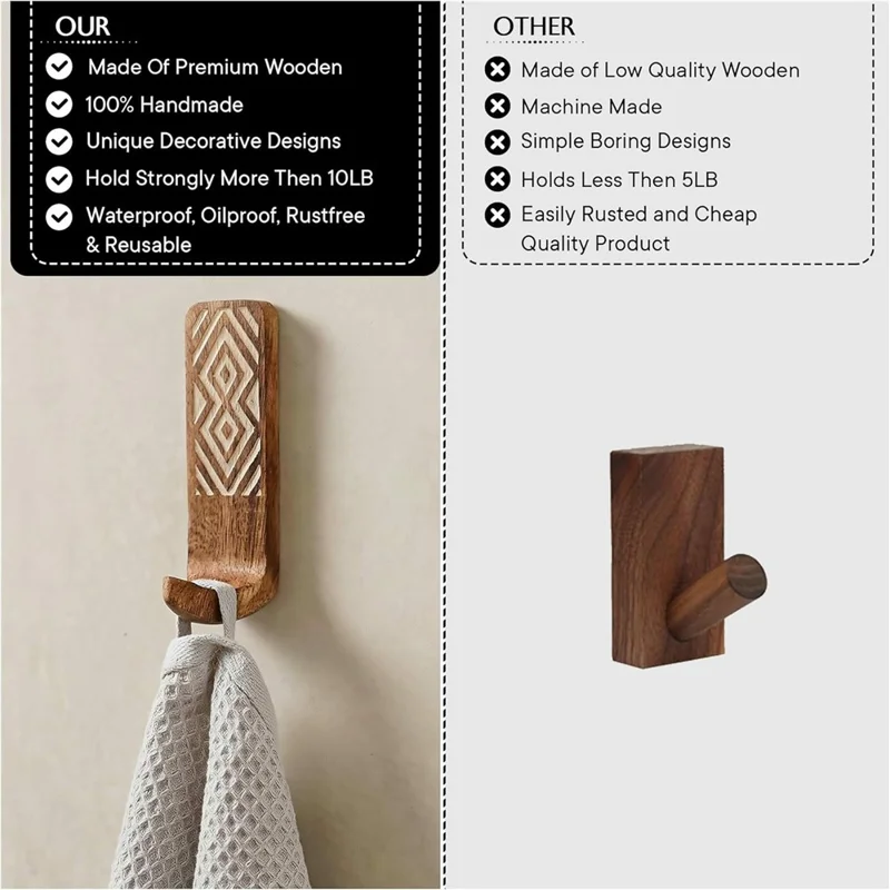 3Pcs Wooden Wall Hooks Handmade Geometric Pattern No Drill Adhesive Door Hooks for Towel Hat Coat