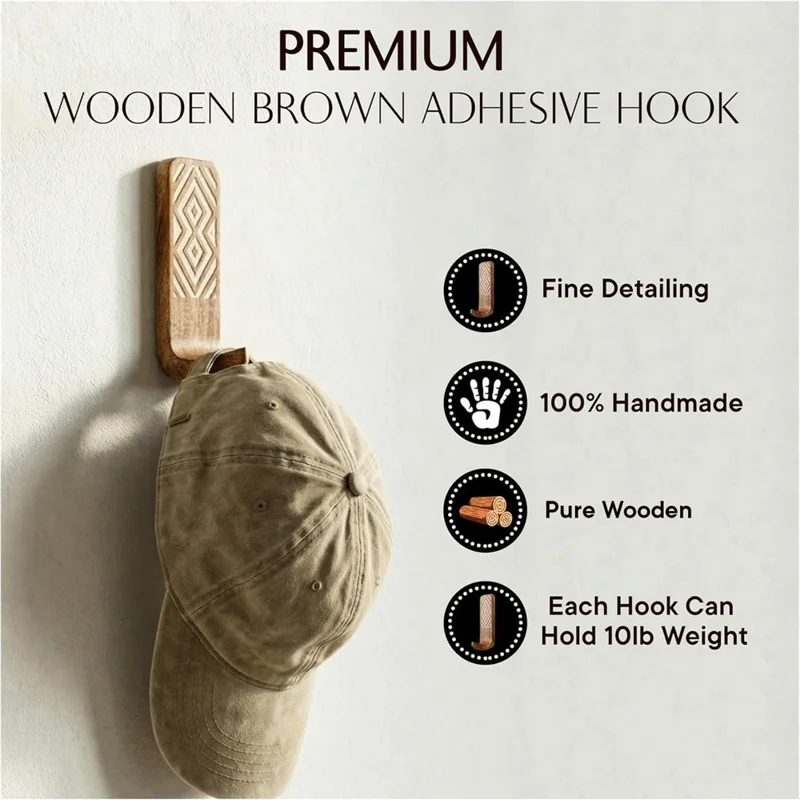 3Pcs Wooden Wall Hooks Handmade Geometric Pattern No Drill Adhesive Door Hooks for Towel Hat Coat