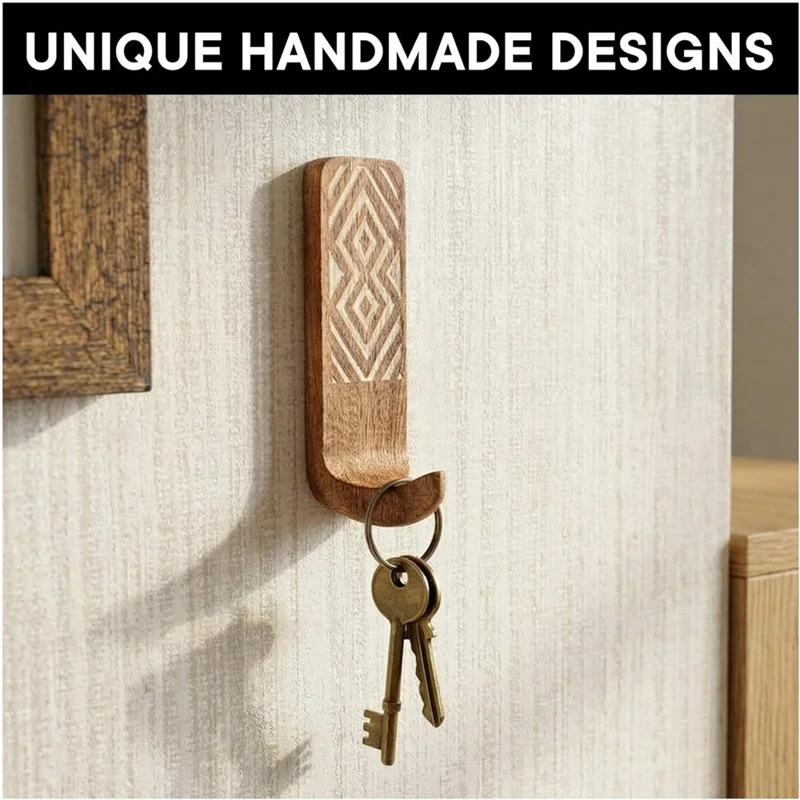 3Pcs Wooden Wall Hooks Handmade Geometric Pattern No Drill Adhesive Door Hooks for Towel Hat Coat