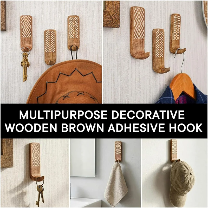 3Pcs Wooden Wall Hooks Handmade Geometric Pattern No Drill Adhesive Door Hooks for Towel Hat Coat