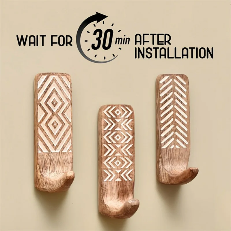 3Pcs Wooden Wall Hooks Handmade Geometric Pattern No Drill Adhesive Door Hooks for Towel Hat Coat