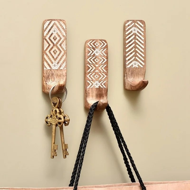 3Pcs Wooden Wall Hooks Handmade Geometric Pattern No Drill Adhesive Door Hooks for Towel Hat Coat
