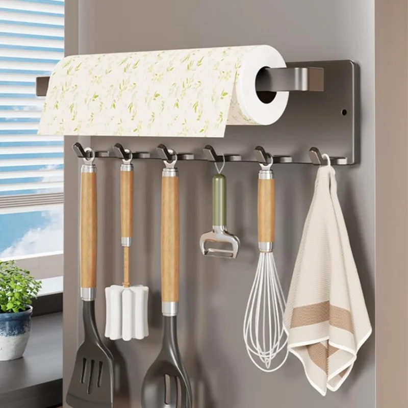 Magnetic Kitchen Paper Towel Holder with 6Pcs Hooks Carbon Steel Fridge Side Wall-Mounted Storage Rack for Organization - Gunmetal Grey