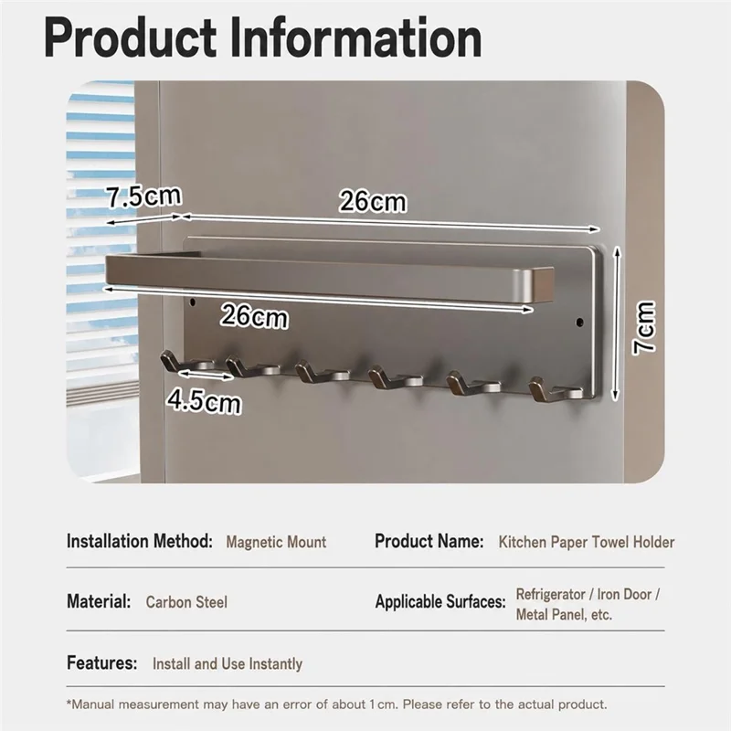 Magnetic Kitchen Paper Towel Holder with 6Pcs Hooks Carbon Steel Fridge Side Wall-Mounted Storage Rack for Organization - Gunmetal Grey