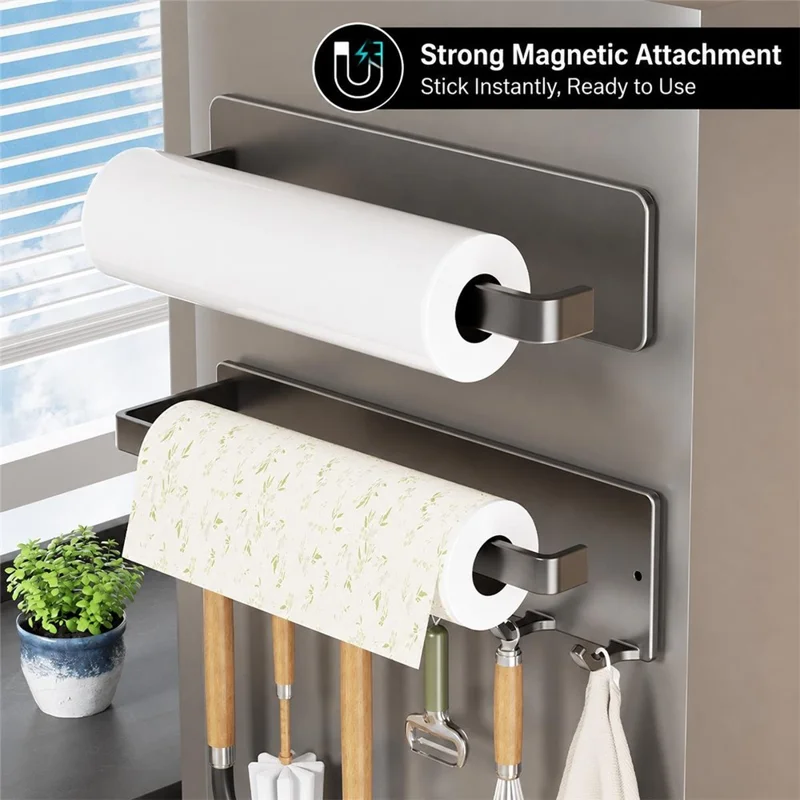 Magnetic Kitchen Paper Towel Holder with 6Pcs Hooks Carbon Steel Fridge Side Wall-Mounted Storage Rack for Organization - Gunmetal Grey