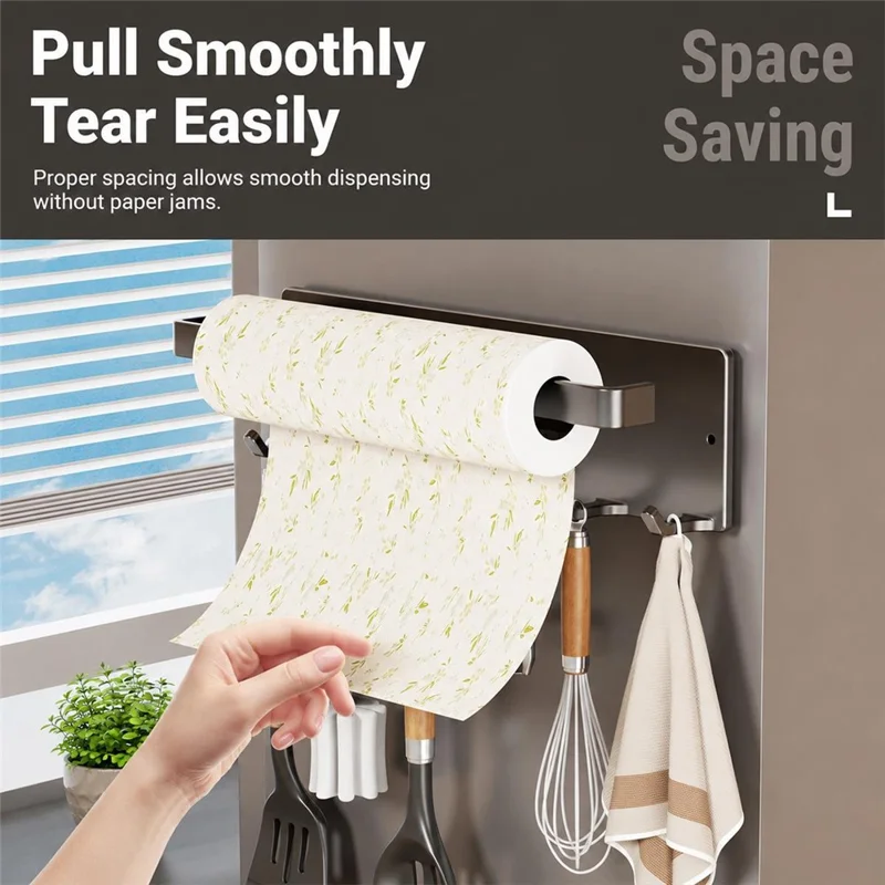 Magnetic Kitchen Paper Towel Holder with 6Pcs Hooks Carbon Steel Fridge Side Wall-Mounted Storage Rack for Organization - Gunmetal Grey
