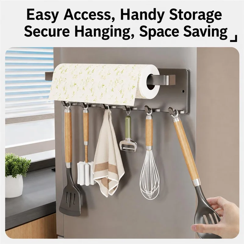 Magnetic Kitchen Paper Towel Holder with 6Pcs Hooks Carbon Steel Fridge Side Wall-Mounted Storage Rack for Organization - Gunmetal Grey
