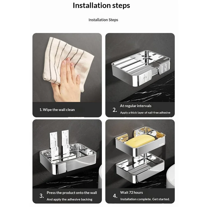 304 Stainless Steel Soap Dish Wall Mounted No Drill Bathroom Organizer Drain Soap Holder
