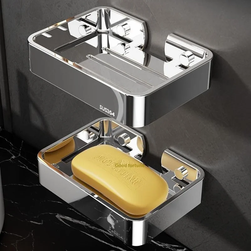 304 Stainless Steel Soap Dish Wall Mounted No Drill Bathroom Organizer Drain Soap Holder