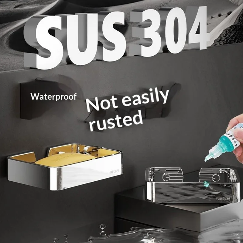 304 Stainless Steel Soap Dish Wall Mounted No Drill Bathroom Organizer Drain Soap Holder