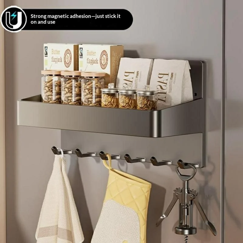 Rack à Crochets Magnétique pour Porte d'Entrée, Sans Perçage, Organisateur Latéral de Cuisine et Réfrigérateur avec 5 Crochets - Gris