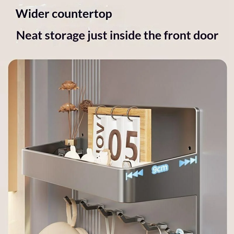Rack à Crochets Magnétique pour Porte d'Entrée, Sans Perçage, Organisateur Latéral de Cuisine et Réfrigérateur avec 5 Crochets - Gris