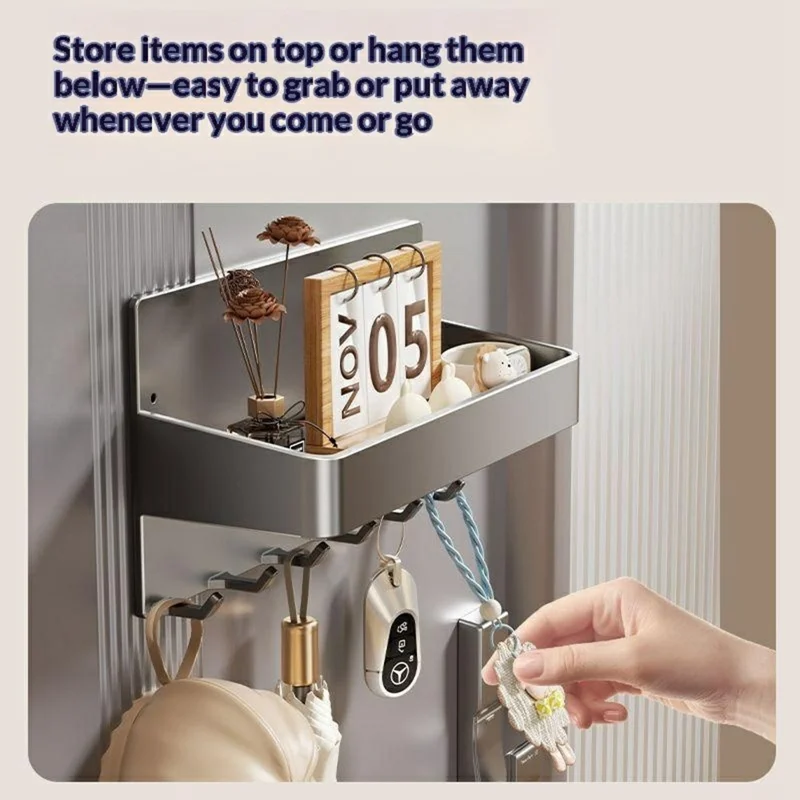 Rack à Crochets Magnétique pour Porte d'Entrée, Sans Perçage, Organisateur Latéral de Cuisine et Réfrigérateur avec 5 Crochets - Gris