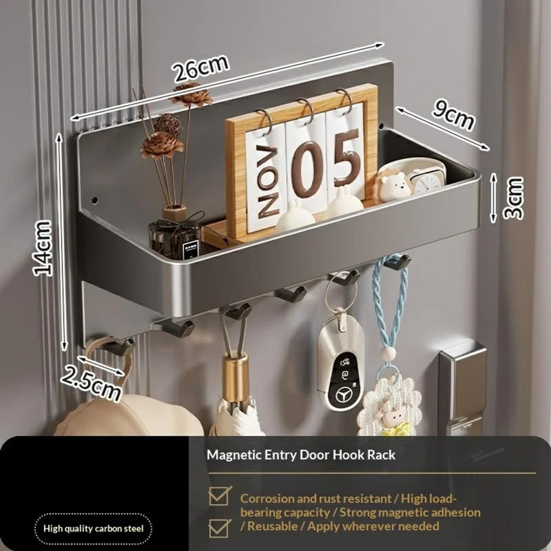 Rack à Crochets Magnétique pour Porte d'Entrée, Sans Perçage, Organisateur Latéral de Cuisine et Réfrigérateur avec 5 Crochets - Gris