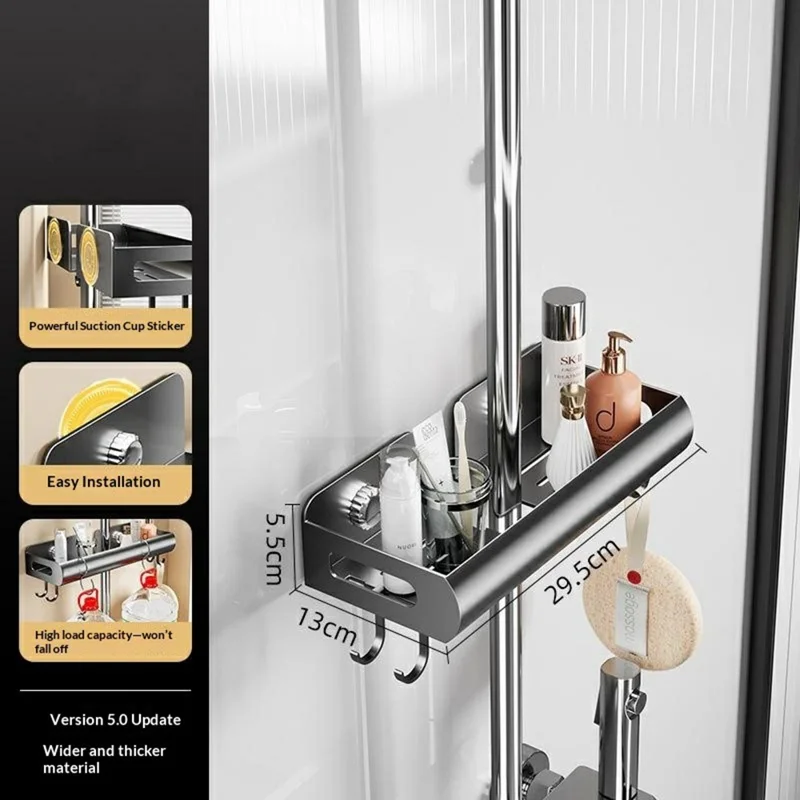 Zuigkap douche rek 29,5 x 13 x 5,5 cm Badkamer opbergrek zonder boren wandmontage met haken - Gunmetal grijs