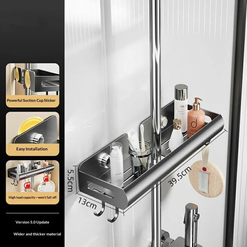 Zuignap Douchehoekunit 39,5 x 13 x 5,5 cm Badkameropbergrek Zonder Boorbevestiging met Haken - Gunmetal Grijs