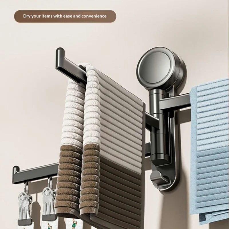 Étendoir mural rotatif avec ventouse, porte-chaussettes 3 niveaux avec 5 pinces, pour salle de bain et balcon - Gris anthracite