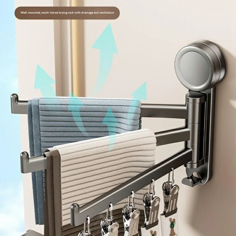 Étendoir mural rotatif avec ventouse, porte-chaussettes 3 niveaux avec 5 pinces, pour salle de bain et balcon - Gris anthracite