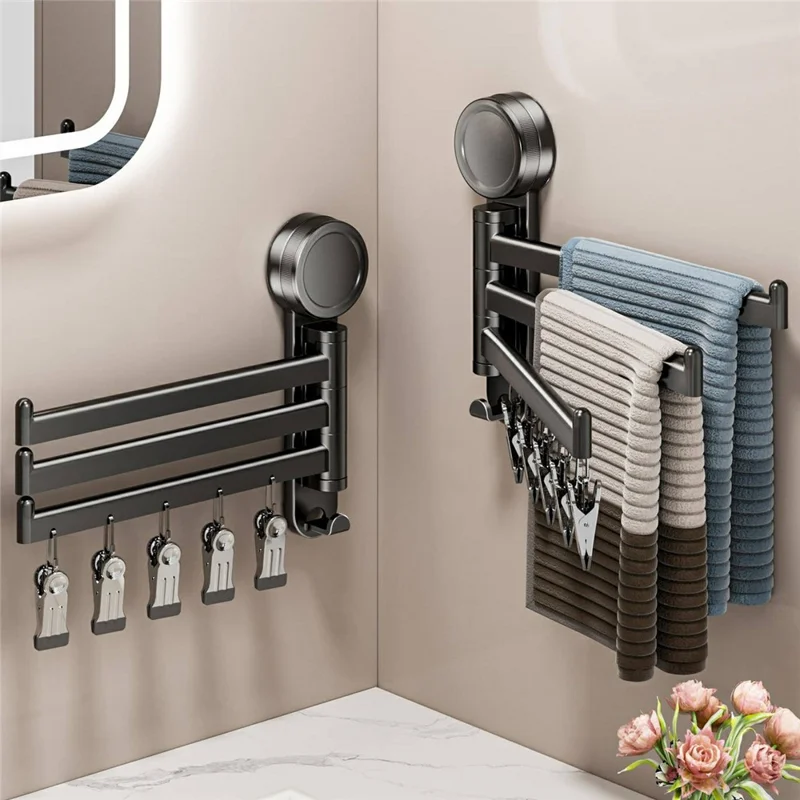 Étendoir mural rotatif avec ventouse, porte-chaussettes 3 niveaux avec 5 pinces, pour salle de bain et balcon - Gris anthracite