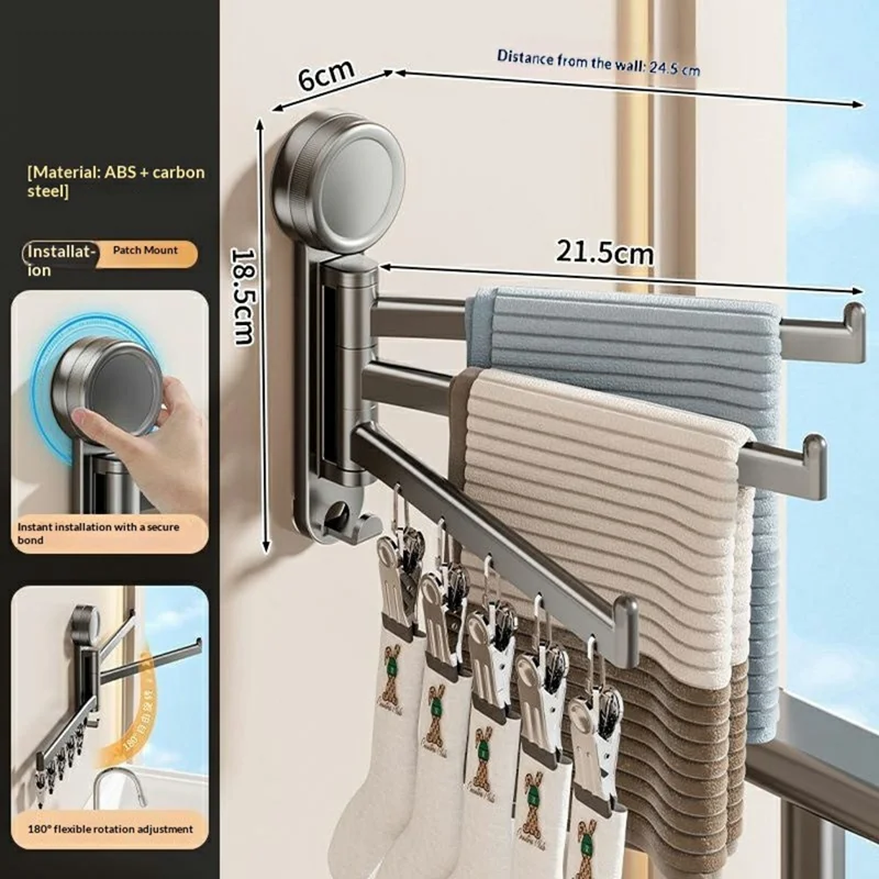 Étendoir mural rotatif avec ventouse, porte-chaussettes 3 niveaux avec 5 pinces, pour salle de bain et balcon - Gris anthracite