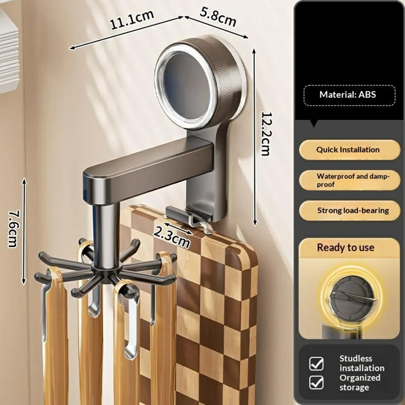 Range-ustensiles de cuisine avec ventouse 360° pivotant, organisateur mural sans perçage pour outils de cuisine planche à découper - Gris anthracite