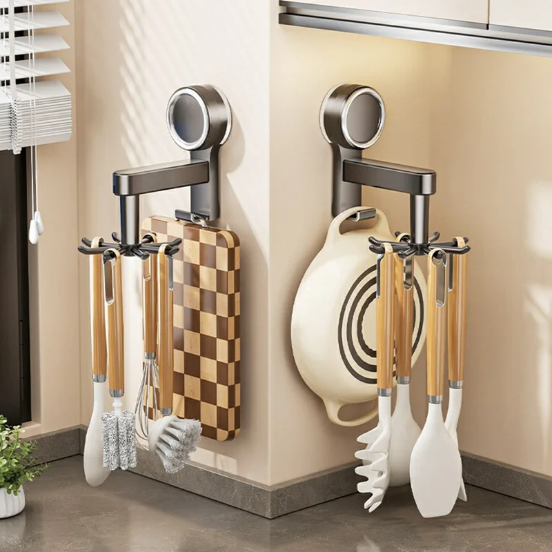 Range-ustensiles de cuisine avec ventouse 360° pivotant, organisateur mural sans perçage pour outils de cuisine planche à découper - Gris anthracite