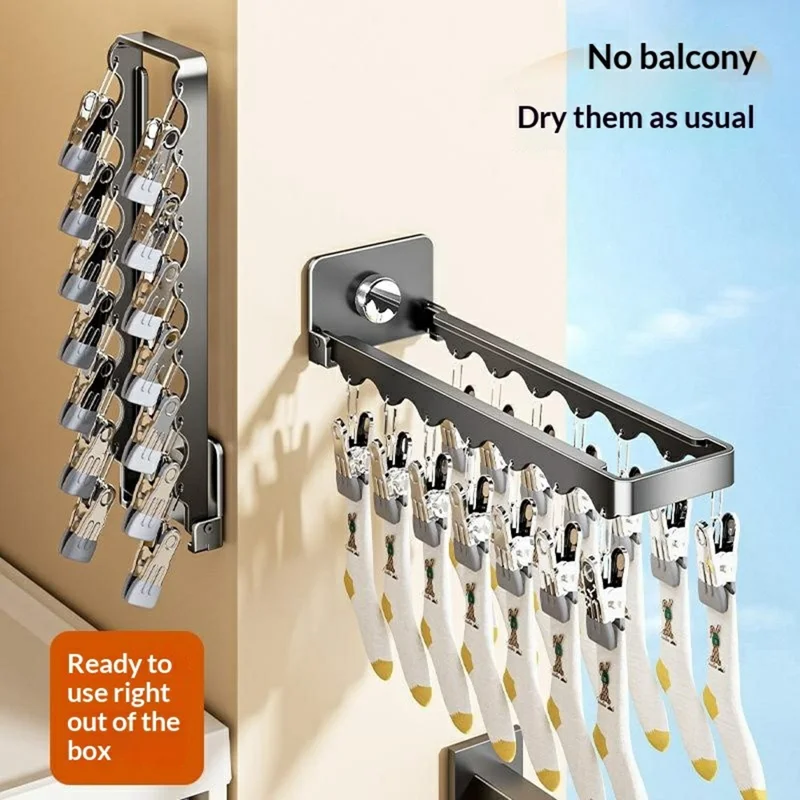 Étendoir mural pliable avec 14 pinces, système d'aspiration, porte-monnaie invisible pour sous-vêtements et chaussettes, idéal pour balcon - Gris anthracite