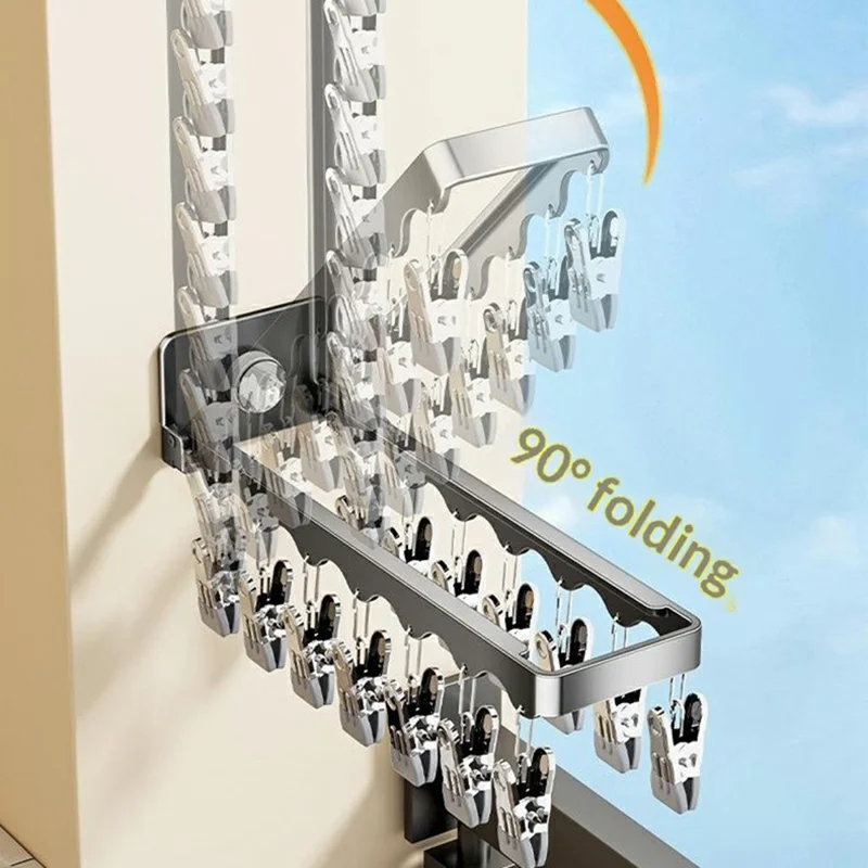 Étendoir mural pliable avec 14 pinces, système d'aspiration, porte-monnaie invisible pour sous-vêtements et chaussettes, idéal pour balcon - Gris anthracite