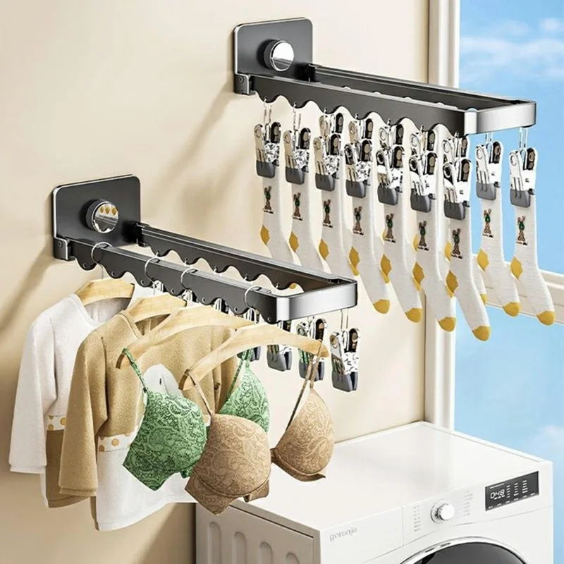 Étendoir mural pliable avec 14 pinces, système d'aspiration, porte-monnaie invisible pour sous-vêtements et chaussettes, idéal pour balcon - Gris anthracite