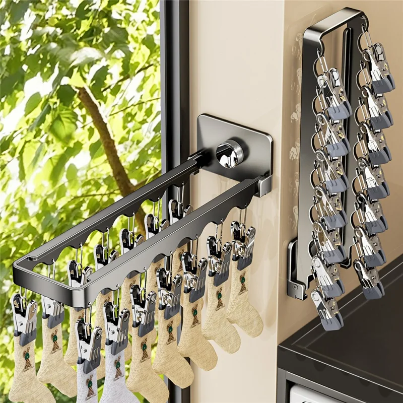 Étendoir mural pliable avec 14 pinces, système d'aspiration, porte-monnaie invisible pour sous-vêtements et chaussettes, idéal pour balcon - Gris anthracite