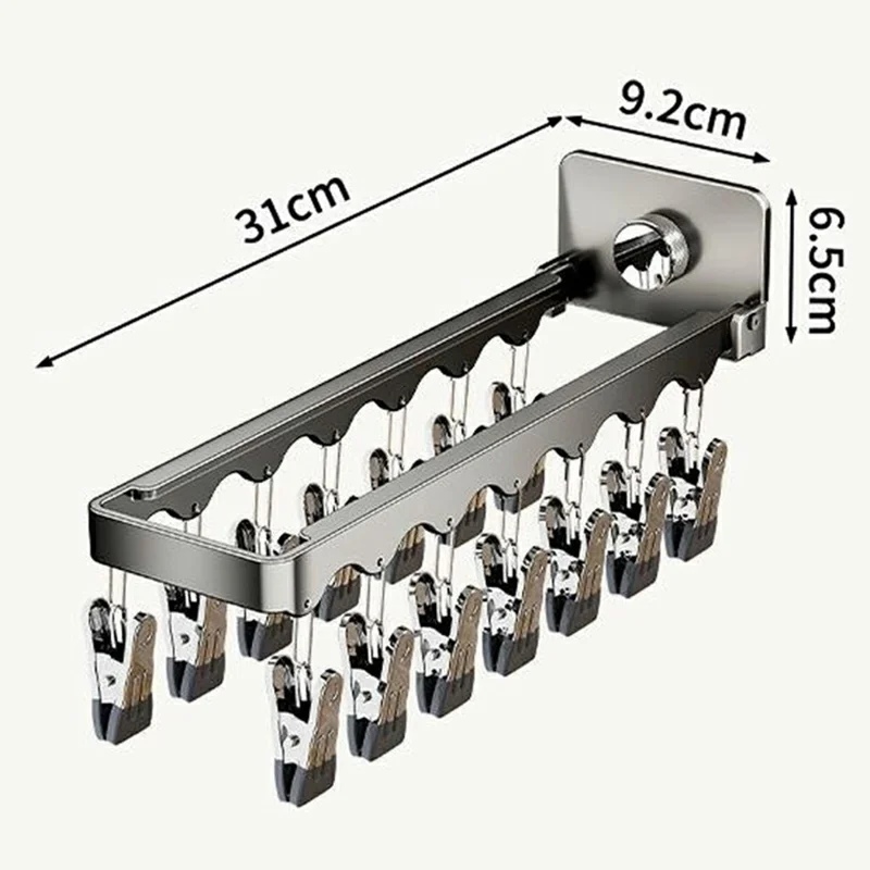 Étendoir mural pliable avec 14 pinces, système d'aspiration, porte-monnaie invisible pour sous-vêtements et chaussettes, idéal pour balcon - Gris anthracite