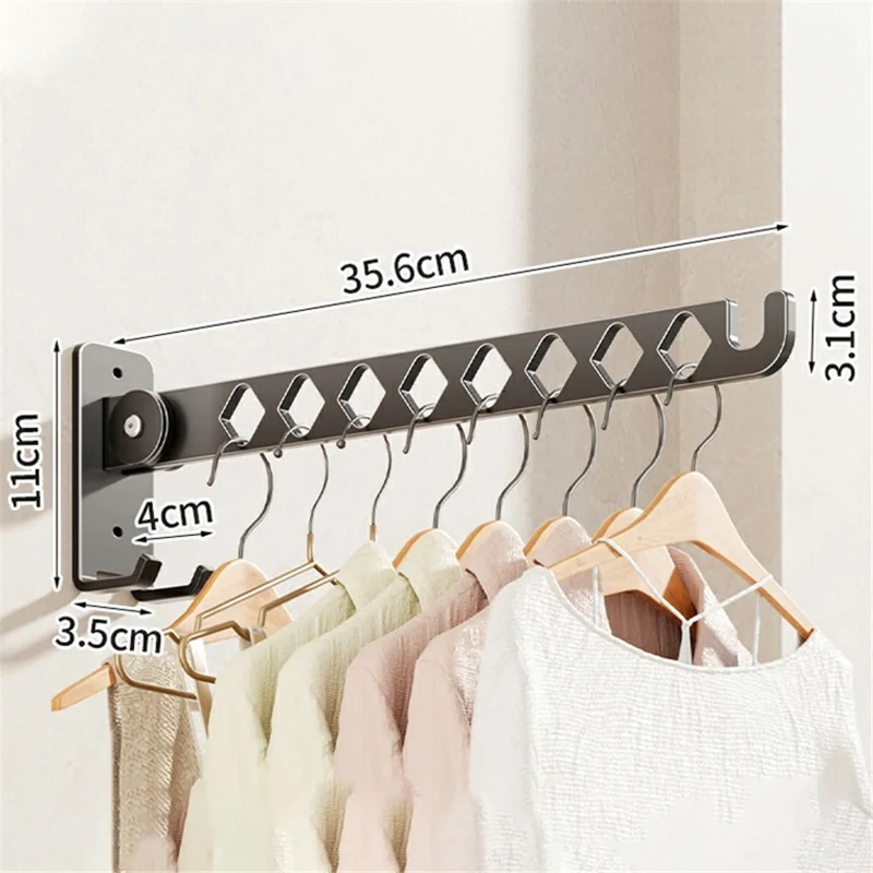 Foldable Wall Mounted Clothes Drying Rack 8-Hook Stainless Steel No Drill Bathroom Balcony Space Saving Hanger - Gunmetal Grey