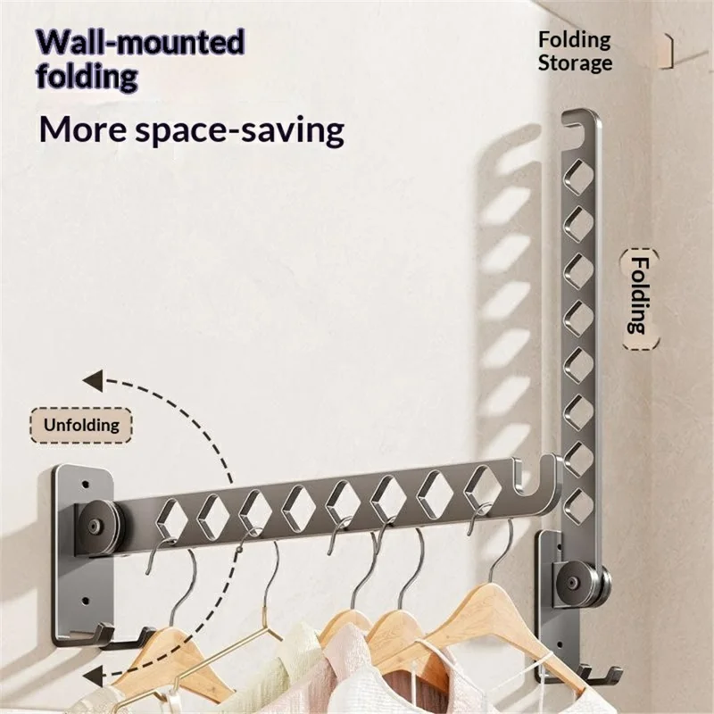 Foldable Wall Mounted Clothes Drying Rack 8-Hook Stainless Steel No Drill Bathroom Balcony Space Saving Hanger - Gunmetal Grey