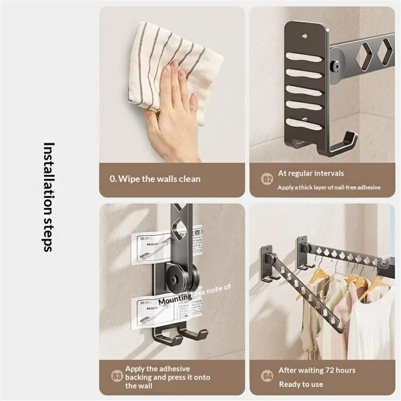 Foldable Wall Mounted Clothes Drying Rack 8-Hook Stainless Steel No Drill Bathroom Balcony Space Saving Hanger - Gunmetal Grey