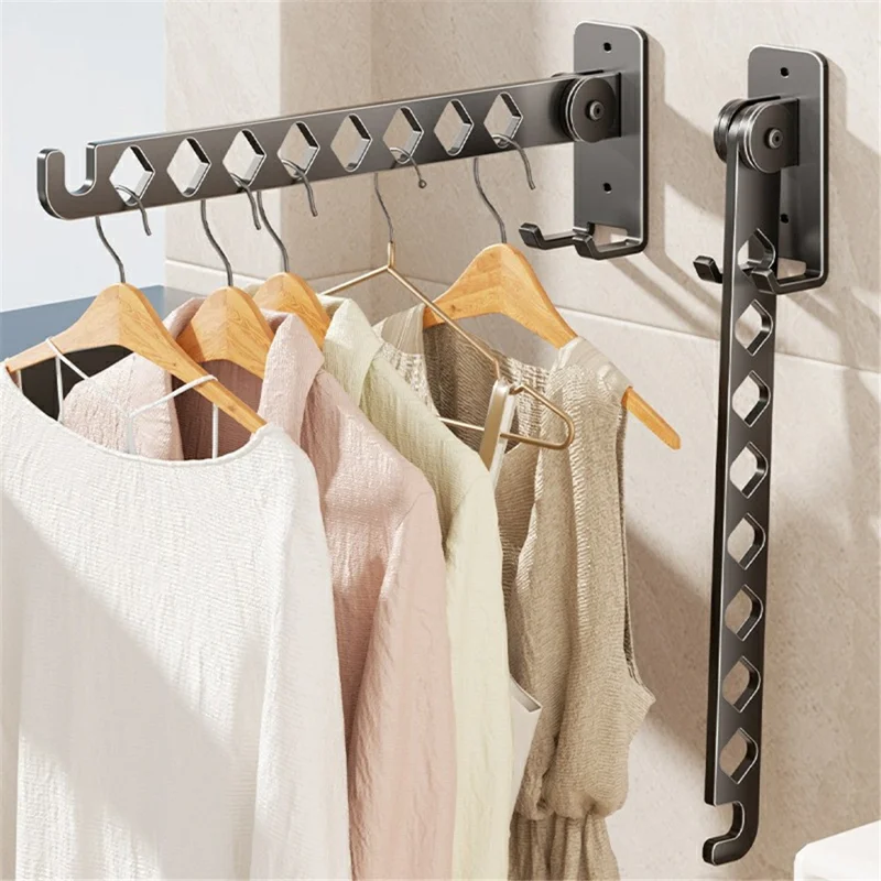 Foldable Wall Mounted Clothes Drying Rack 8-Hook Stainless Steel No Drill Bathroom Balcony Space Saving Hanger - Gunmetal Grey
