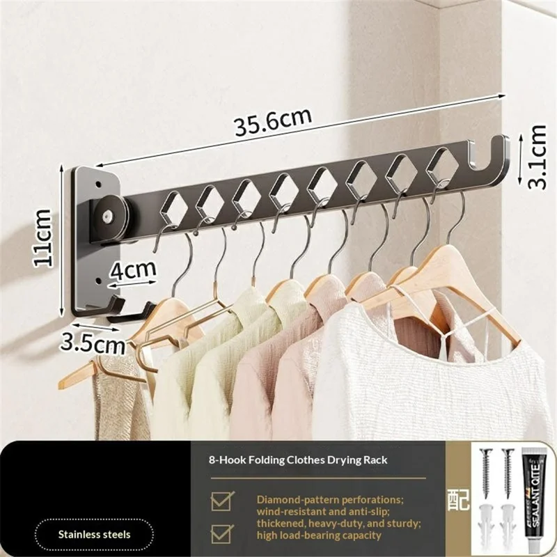 Foldable Wall Mounted Clothes Drying Rack 8-Hook Stainless Steel No Drill Bathroom Balcony Space Saving Hanger - Gunmetal Grey