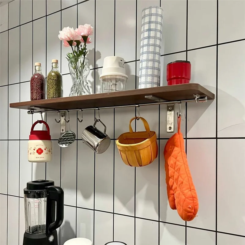 15x40x4cm Kitchen Wall-Mounted Storage Rack with 8Pcs Hooks & Stainless Steel Bar No Drill Storage Organizer Wood Shelf - Walnut Wood Grain