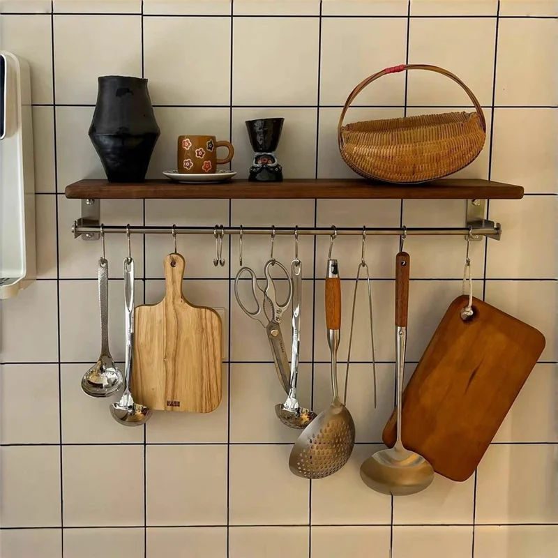 15x40x4cm Kitchen Wall-Mounted Storage Rack with 8Pcs Hooks & Stainless Steel Bar No Drill Storage Organizer Wood Shelf - Walnut Wood Grain