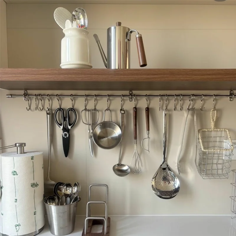 15x40x4cm Kitchen Wall-Mounted Storage Rack with 8Pcs Hooks & Stainless Steel Bar No Drill Storage Organizer Wood Shelf - Walnut Wood Grain