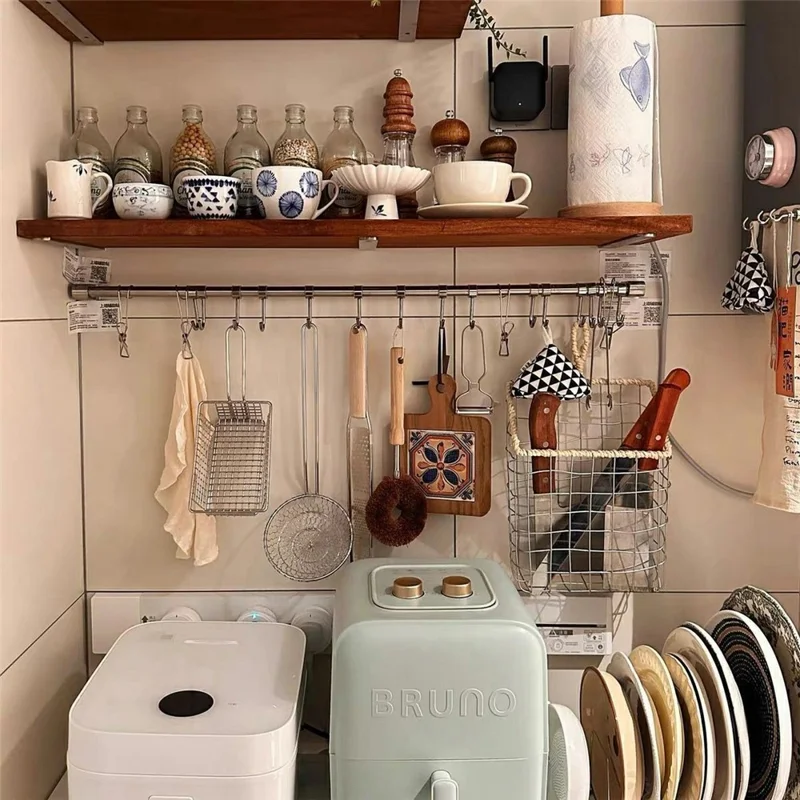15x40x4cm Kitchen Wall-Mounted Storage Rack with 8Pcs Hooks & Stainless Steel Bar No Drill Storage Organizer Wood Shelf - Walnut Wood Grain