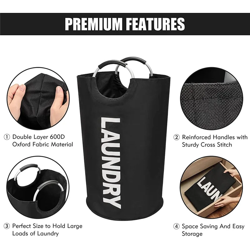 Large Size Collapsible Laundry Basket 600D Oxford Cloth Waterproof Dirty Clothes Storage Basket with Handles - Black