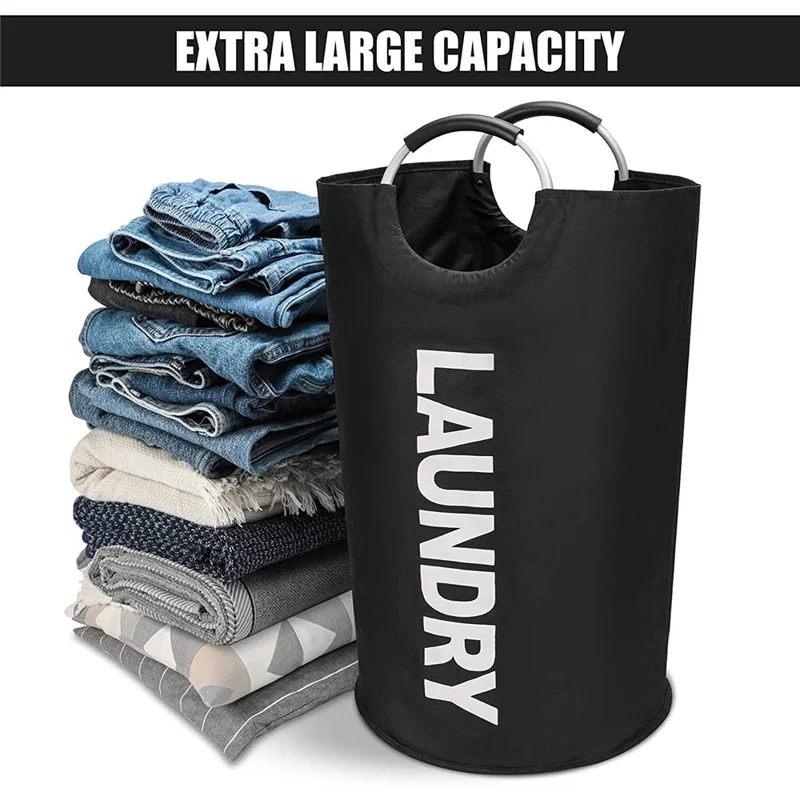Large Size Collapsible Laundry Basket 600D Oxford Cloth Waterproof Dirty Clothes Storage Basket with Handles - Black